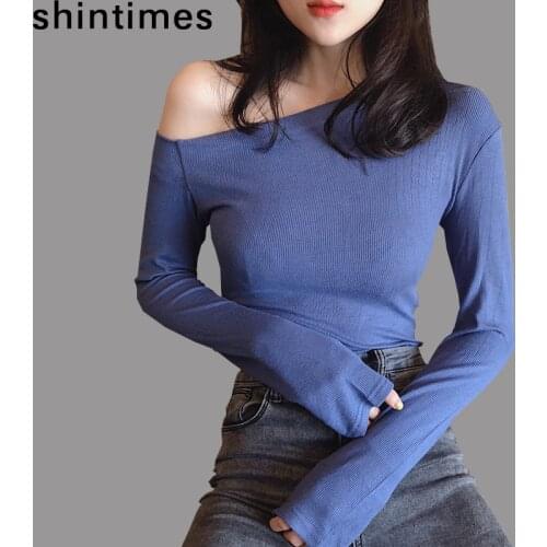 Shintimes Off The Shoulder Tops For Women T Shirt Long Sleeve Womens Clothing T-Shirt Female Sexy Korean Style Tee Shirt Femme