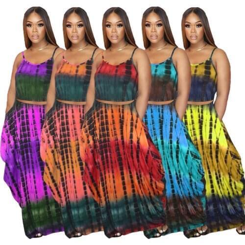 2021 Summer Strap Tie Dye Print Crop Top Pocket Long Skirt Set Women Sexy Summer Party Matching Set Outfits Clubwear New