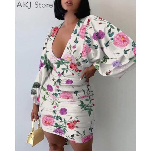 Women Ruched Floral Shirring Mini Dress