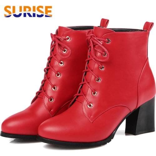 Winter Women Ankle Boots White Black Red PU 6.5cm High Block Heels Casual Office Lady Round Toe Lace-up Short Plush Martin Boots