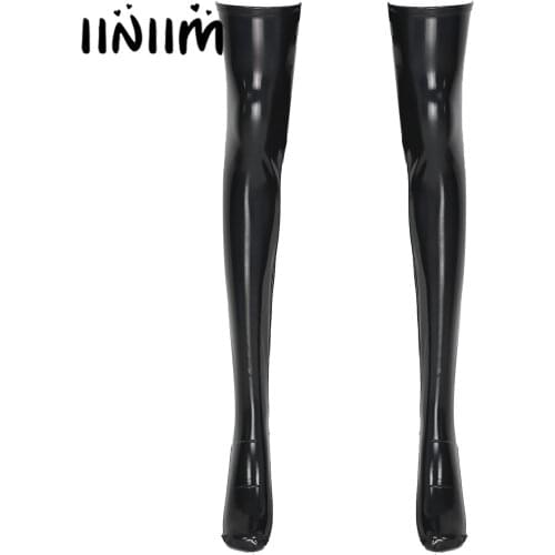 1 Pair Womens Stocking Stage Show Clubwear Pure Color Wet Look PU Leather Footed Thigh High Stockings for Roleplay Cosplay