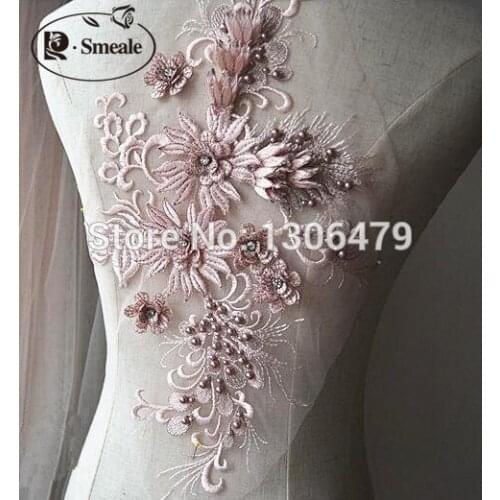 2Pieces 14color Handmade Beads 3D Wedding Dress Applique DIY Bridal Headdress Ivory White Lace Collar Lace Fabric Patch RS817