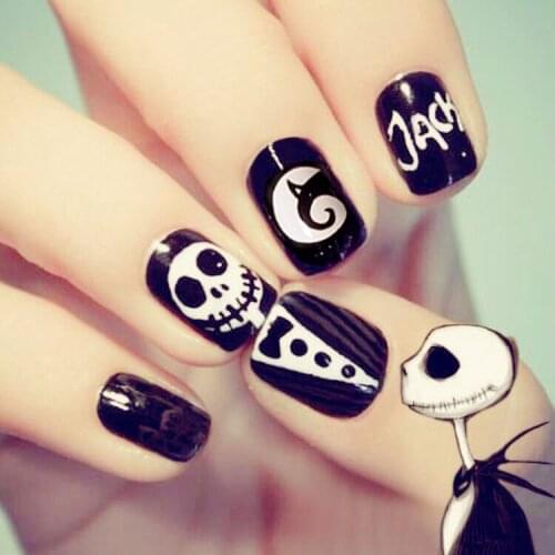24pcs Short Black And White Skull False Nail Patch Fully Paste Into False Nails Art Manicure DN12