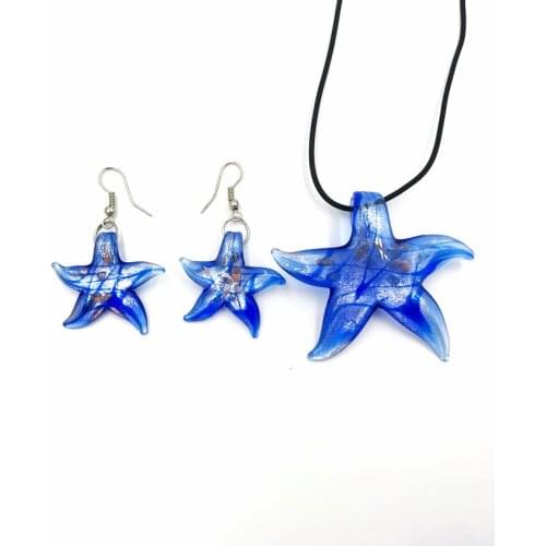 5 Set Fashion Blue Stripe Murano Lampwork Glass Starfish Pendant Necklace Earrings Jewelry Set For Women Gift