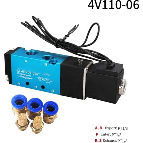 Free Shipping Pneumatic Solenoid Valve 5 Way 1/8" BSP 4V110-06 With Cable Wire LED DC 12V 24V AC110V 220V