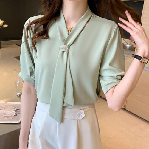 2021 New Fashion Chiffon Women Blouses and Tops Korean Office White Women Blouse Shirts with Tie V Neck Loose Female Clothing