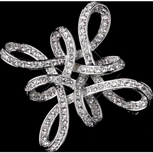 2" Chinese Knot Swirl Twist Brooch Czech Crystal Diamante Pin Vintage Style Rhodium Silver