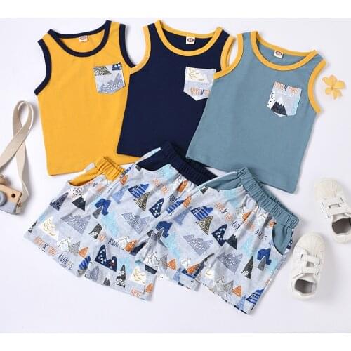 FOCUSNORM 0-3Y Summer Casual Baby Boys Clothes Sets Pattern Printed Sleeveless Pullover Vest Tops Shorts