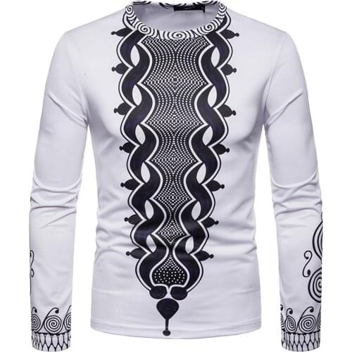T-shirt Man Blouse Tops Shirts Black And White Wave Point 3d Printing Round Neck Long Sleeve Cotton Slim Casual African Clothes