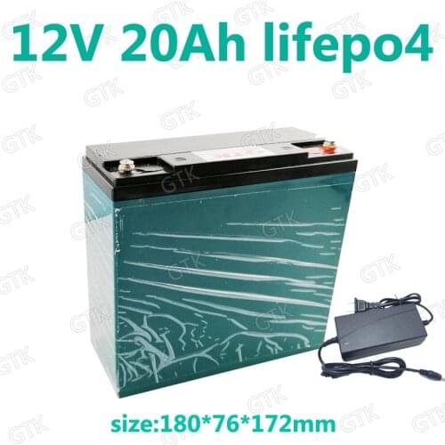 GTK 12v 20Ah lifepo4 battery pack ups lifepo4 12v 20ah lithium battery case for e-bike solar street energy + 3A Charger