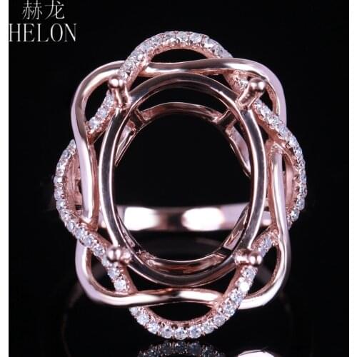 HELON Solid 14K Rose Gold AU585 0.21ct Real Natural Diamonds Semi Mount Wedding Women Trendy Jewelry Ring Fit Oval 16X12mm