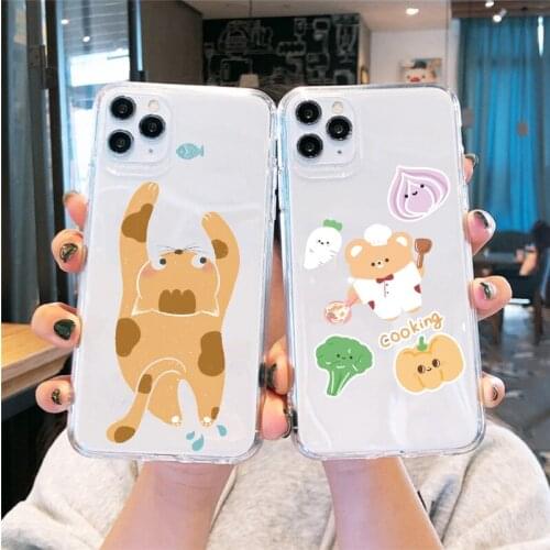 JAMULAR Cute Cat Bear Animal Clear Phone Case For iPhone 11 Pro Max 12 Mini 7 SE 2020 X XS XR 8 6 Plus Soft Silicone Cover Coque