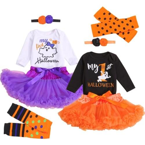 4PCS Baby Girls Clothes Halloween Outfits Printed Long Sleeve Romper + Tutu Skirt + Leg Warmers + Headband Set for 0-24 M