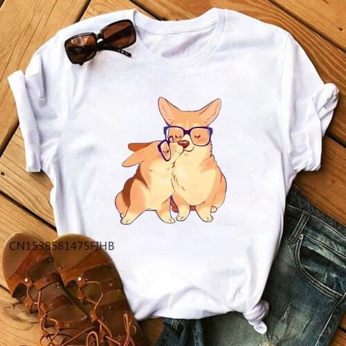 Kawaii Corgi T Shirt Women Basic Tshirt T-Shirt Harajuku Cute Graphic Printed Premium Tops Funny Korean Style Female Tees