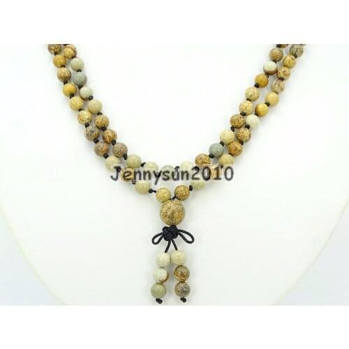 Natural Picture Ja-sper 6mm Gems Stone Buddhist 108 Beads Prayer Mala Knot Necklace Multi-Purpose 5Strands/Pack