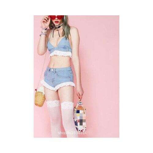 New Women Denim Lace Suspender Vest Deep V sexy Backless Dew Navel Tops Streetwear Girl Fashion Sweet Shorts