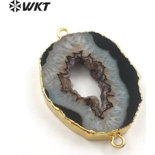 WT-C267 Wholesale Natural Druzy Stone Jewelry Geode Black Grey Color Stone With Gold Bezel Random Size Connector For Women DIY