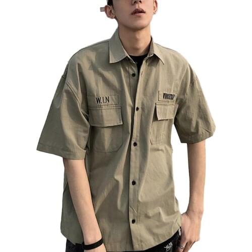 Short Sleeve Tooling Shirt Turn-Down Collar Summer Men Loose Casual Top Workwear
