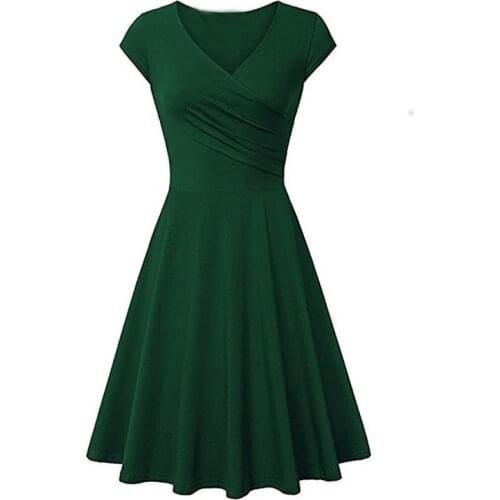 Plus Size Summer Swing Dress Women Vintage Casual Ruched V Neck Short Sleeve High Waist Slim Mini A-Line Dresses Female Vestidos