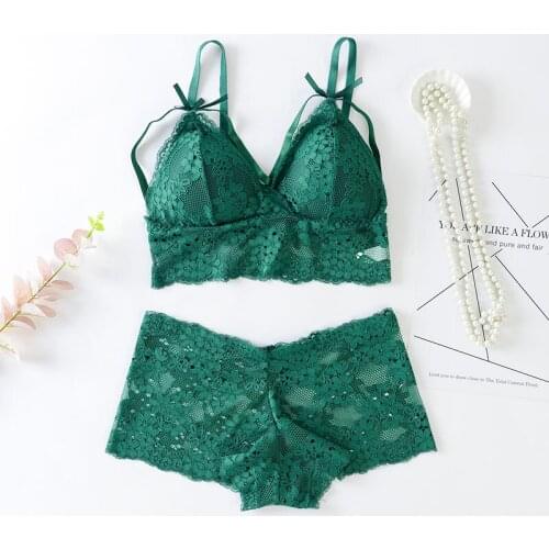 Sexy Hollow Out Beauty Back Underwear Set Women Bra Openwork Lace Push Up Wire Free Bra+Panties