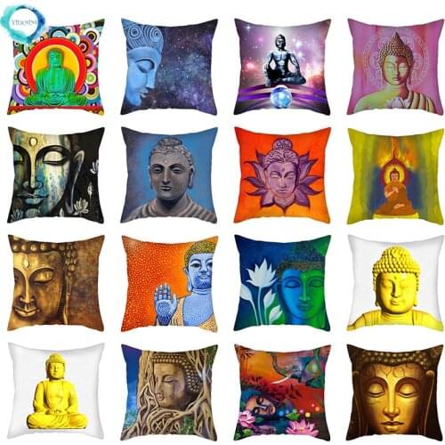 Buddha Statue Printed Decorative Pillow Cover Buddhism Style Polyester Cushion Cover for Home Sofa Decor Throw Pillow Case