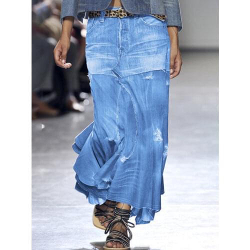 Plus Size Denim Jeans Women Long Skirt KALENMOS Stretch Vintage Loose Slim Fit Blue Club Streetwear Cotton Sexy Harajuku Skirts