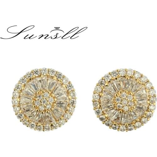 SUNSLL Golden Color Copper Pins Clear Cubic Zirconia Round Pizza Stud Earrings Womens Party Fashion Jewelry Cobre CZ Brincos