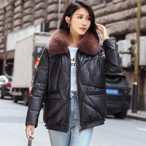 Winter New Leather Down Coat Outdoor Swat Labor Cycling Riding Hunting Womens Short Sheep Skin Fox Fur Collar Small Tops Jacket