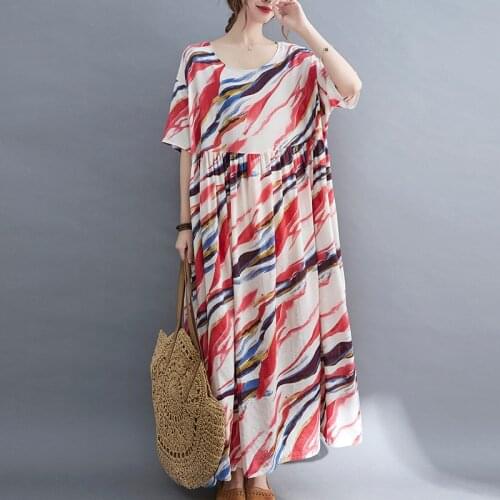 Oversized Loose Sundress 2021 New Arrival Thin Soft Cotton Linen Women Summer Casual Dress Print Floral Long Maxi Dress