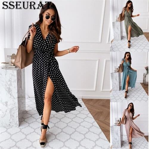 SSEURAT 2021 Summer Women Dresses Polka Dot Boho Fashion Split Dress Vacation Casual Beach Long Dresses Vestido