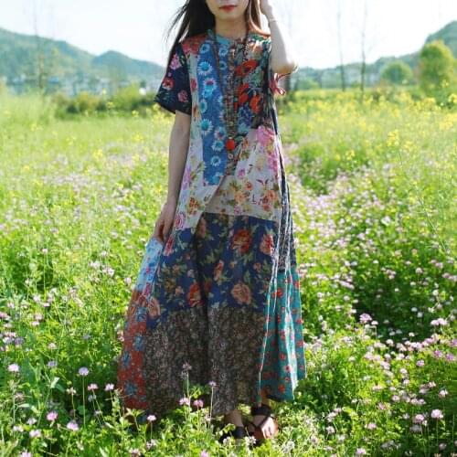 Women Cotton Summer Randomly Patchwork Bohemia Dress Ladies Vintage Printed Short Sleeve Dresses Female 2020 Summer Dress