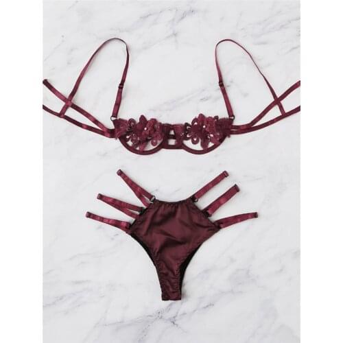 Women Sexy Lingerie Lace Satin Exotic Sets Hollow out Floral Sheer Lace Tops Bra Thong Underwear Set Exotic Sets