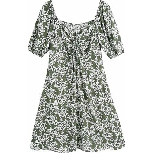 YENKYE Vintage Floral Print Dress Women Draped V Neck Puff Sleeve A-line Casual Dress Female Summer Short Vestido