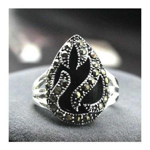 11*14mm NEW INLAY BLACK Natural jade GEMS MARCASITE 925 STERLING SILVER RING SIZE 7/8/9/10