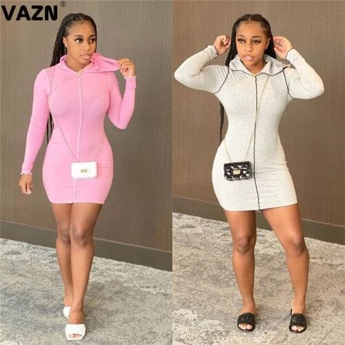 VAZN 2020 Solid Hooded Chic Ladies Slim Elegant Female Dress Women Casual Bandage Bodycon Shinny Dress Full Sleeve Dress