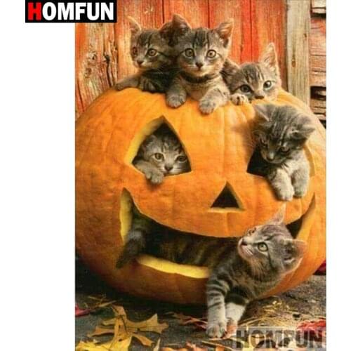 HOMFUN Full Square/Round Drill 5D DIY Diamond Painting "Cat pumpkin" 3D Embroidery Cross Stitch 5D Home Decor A15970