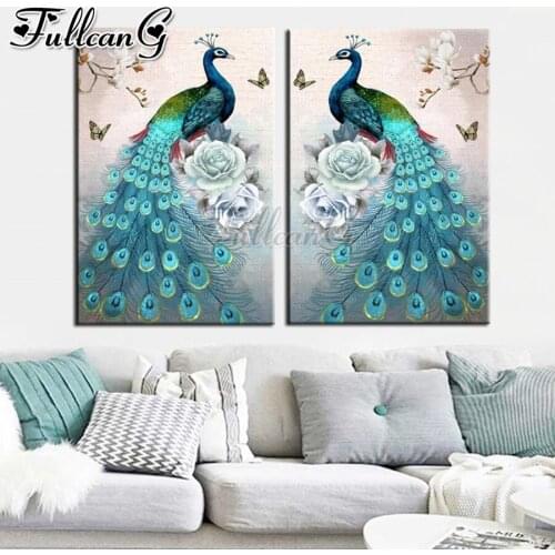 FULLCANG Peacocks flower diy diamond painting full square round drill 5d diamond embroidery animal bird living room decor FC2899