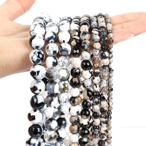 Natural Stone Bead Faceted Black White Agate Onyx Round Loose Spacer Bead For Jewelry Making Needlework DIY Strand 4/6/8/10/12MM