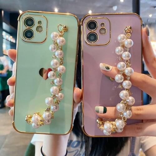 Side Frame Silicone Pearl Bracelet Wristband Cover Loving Plating Case For iPhone 11 12 Pro Max Mini XR XS Max 7 8 Plus
