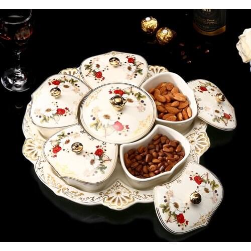 European Luxury Dried Fruit Ceramic Plate 6-grid with Lid Trinket Dish Snack Tray Household Japanese Candy Snacks Seed Plates