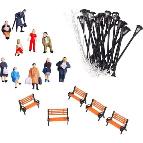 24 People Figures/5 Bench/20 Lamppost Lights Model Train RR Scenery HO Scale