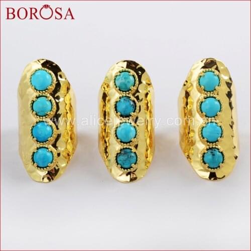 BOROSA 5PCS Gold Color Round Four Natural Turquoises Band Ring Druzy Bezel Claw Natural Blue Stone Ring Jewelry ZG0337