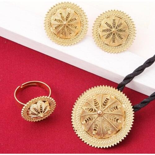 Ethiopian Necklace Pendants Earrings Ring Set Gold Filled Eretrian Jewelry