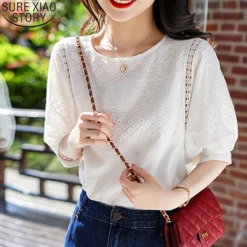 Korean Chic Lantern Sleeve Loose Blouse 2021 New Summer Embroidery Cotton Lace O-neck Casual Women Tops Fashion Plus Size 13440