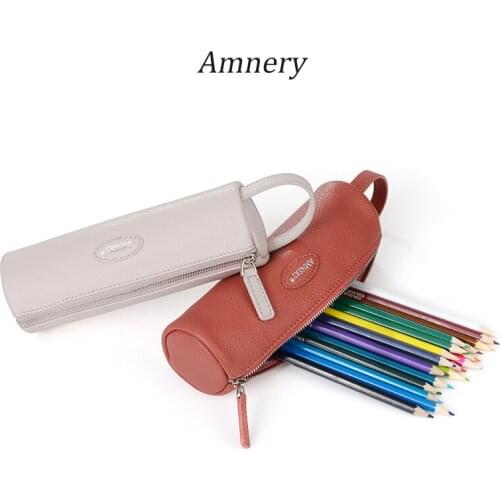 Amnery Leather Pencil Case Handmade Genuine Leather Pencil Holder with Zipper, Stationery Art Supplies College Office Pen Holder