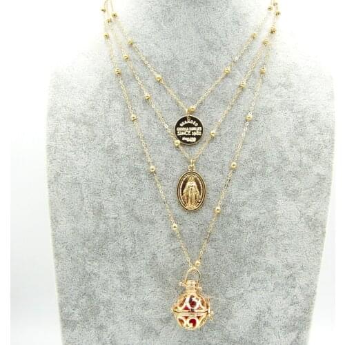Best Sale 3 Rows Layered Metal Balls Chains with Coin Charms and Openable Locket Cage Women`s Essential Oil Diffuser Necklace