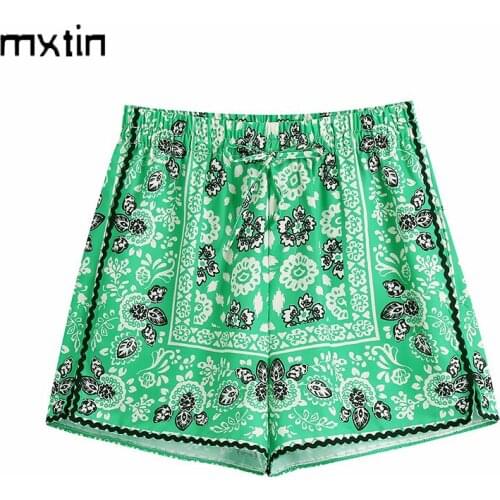 MXTIN 2021 Women Summer Vintage Floral Print Sweatpants Shorts Fashion High Waist Drawstring Female Harajuku Casual Short Mujer