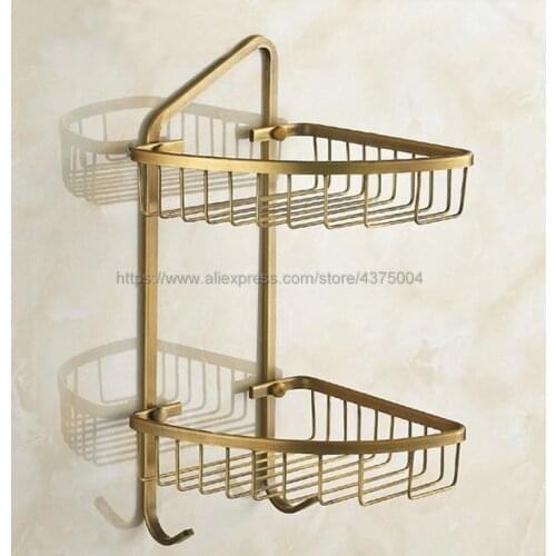 Wall Mounted Antique Brass Shelf Double Layer Shower Bath Cosmetic Storage Holder Bathroom Corner Basket Rack Nba046