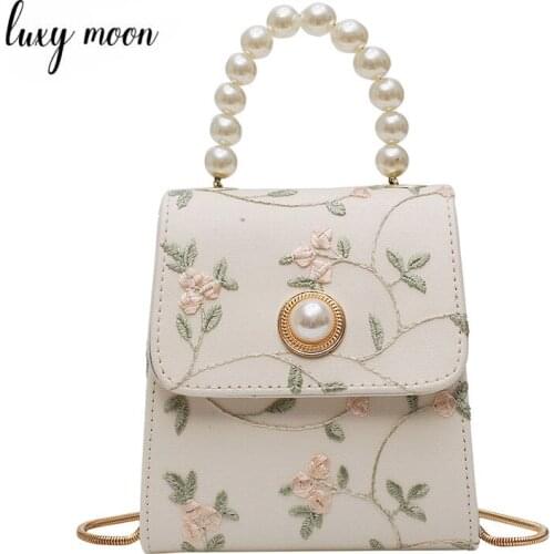 Mini Handbag for Women 2020 PU Leather Embroidery Small Shoulder Crossbody Bag Sweet Elegant Pearl Handle Flap Bag Purses ZD1593
