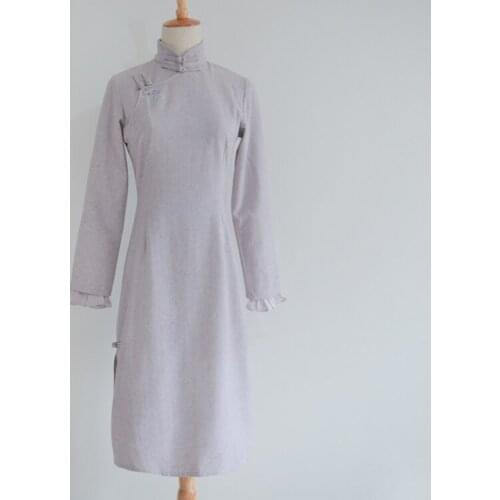 Vintage Womens Orchid Embroidery Winter Wool Blend Cheongsam Chinese Style Chipao Dress Long Sleeve Warm Color Grey Purple